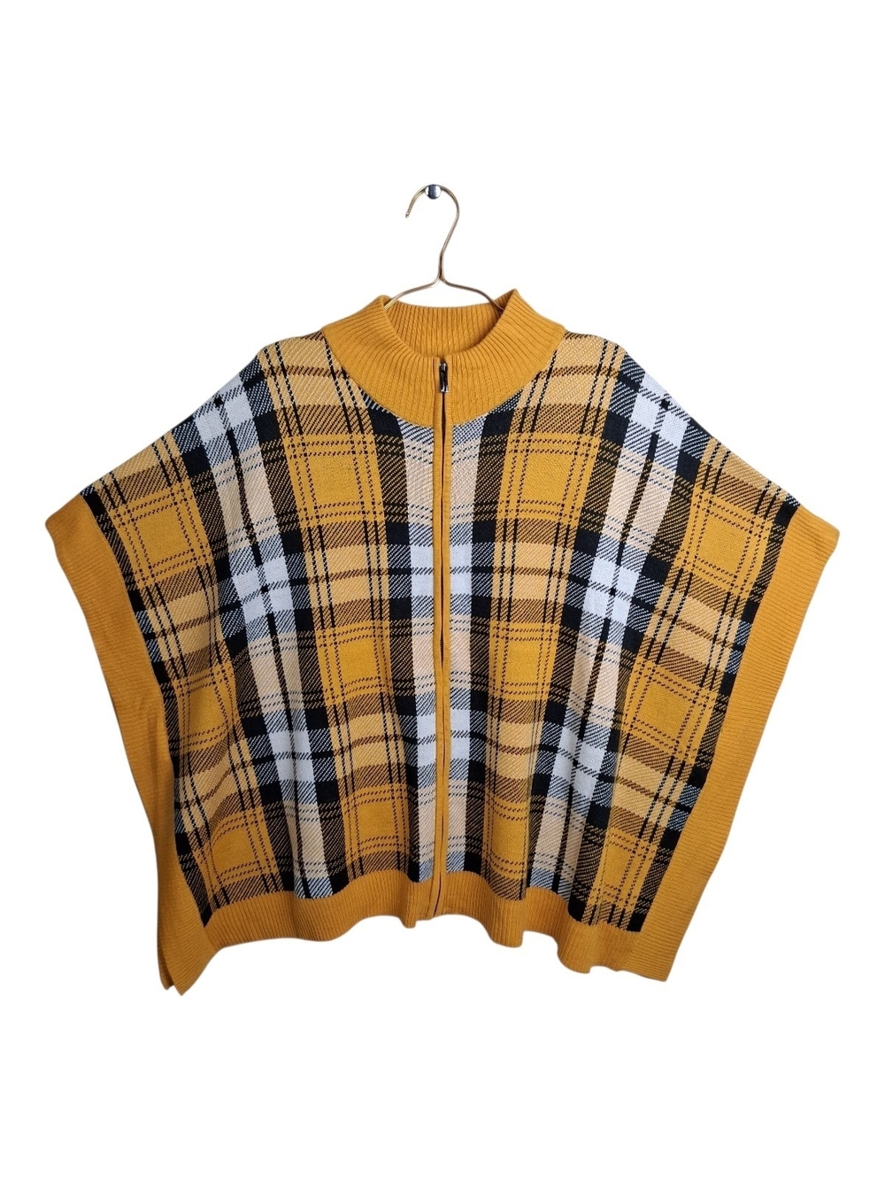 Jones New York Signature Plaid Poncho Sweater Zip Front Mustard Yellow L/XL Cape